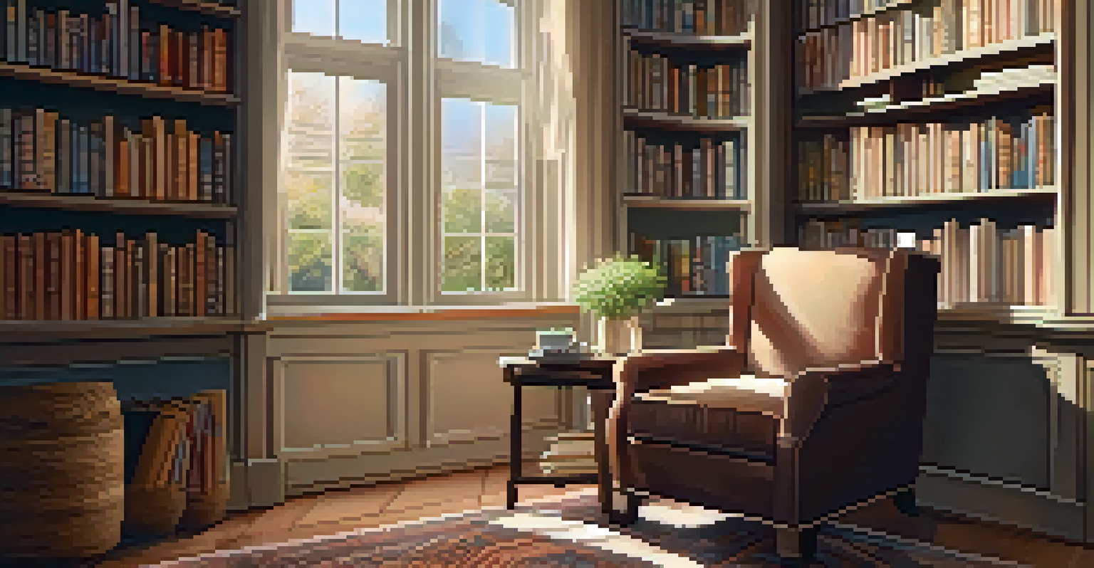A cozy reading nook with an armchair, bookshelves, and a cup of tea on a table.