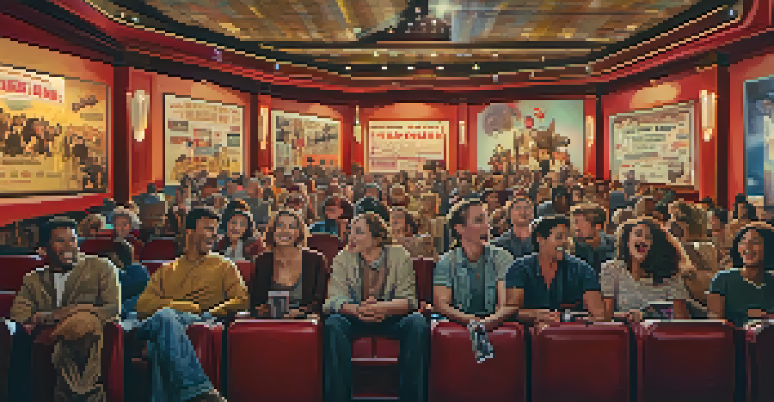 An audience in a movie theater watching a film, surrounded by vintage movie posters from different cultures.