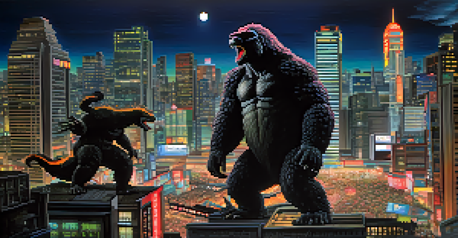 An artistic depiction of Godzilla and King Kong in an urban and natural landscape, with traditional Asian architecture and neon lights.