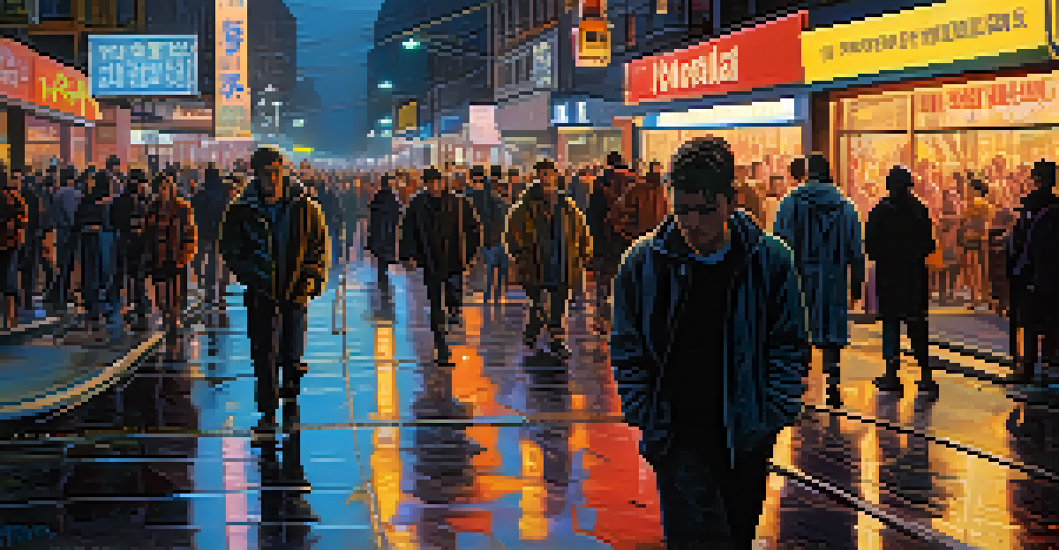 A crowded urban street at dusk with individuals rushing by, illuminated by neon signs and streetlights, showcasing expressions of anxiety and stress.
