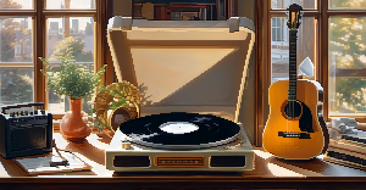 A vinyl record spinning with musical instruments around it in a warm-lit setting.