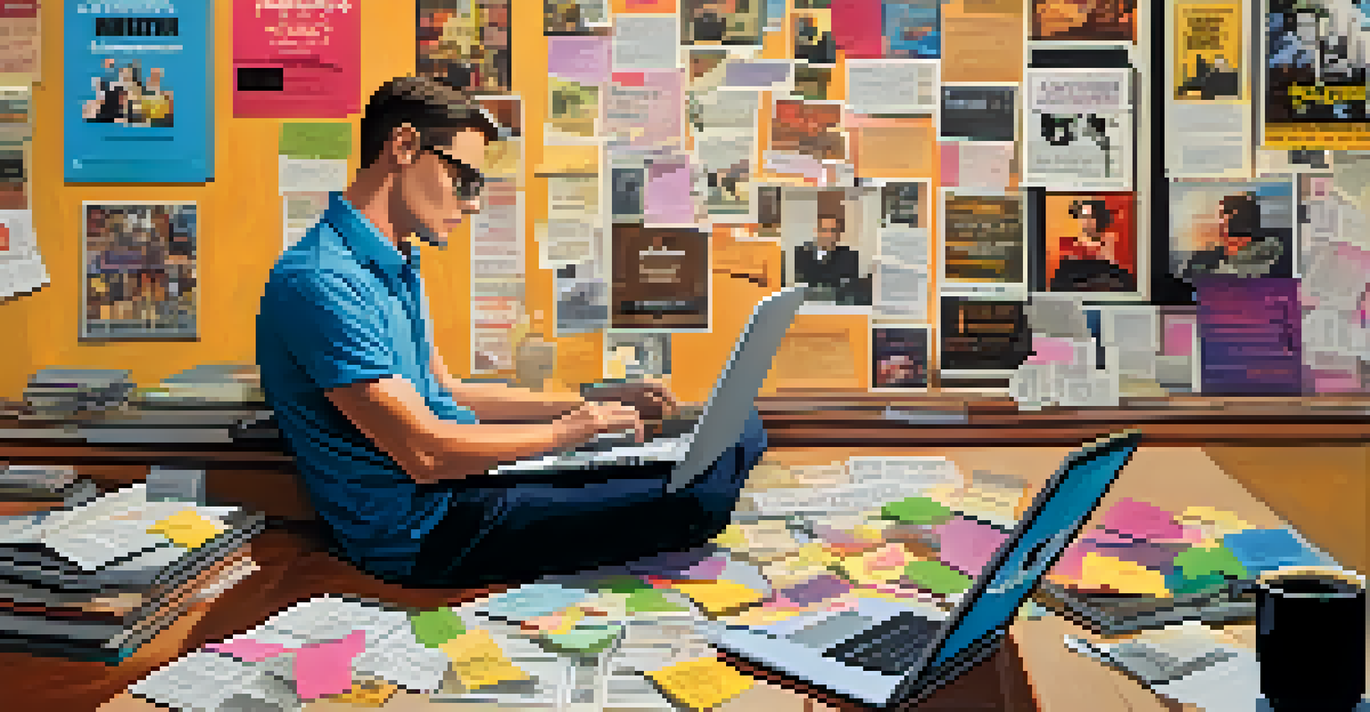 A film critic at work with a laptop, notes, and coffee, surrounded by movie posters and awards.