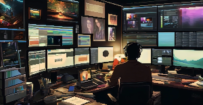A film editor in a dimly lit editing suite, focused on multiple screens showing film clips, surrounded by film posters and editing tools.