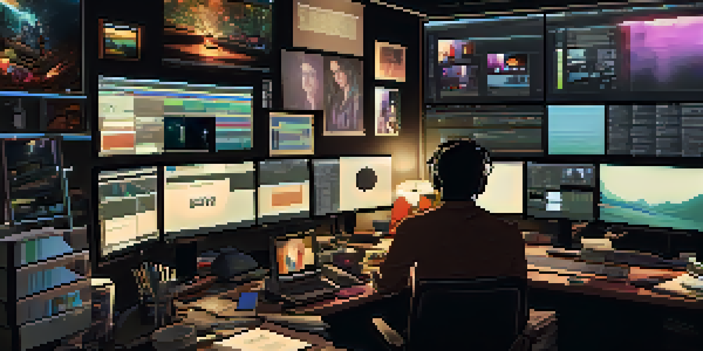 A film editor in a dimly lit editing suite, focused on multiple screens showing film clips, surrounded by film posters and editing tools.