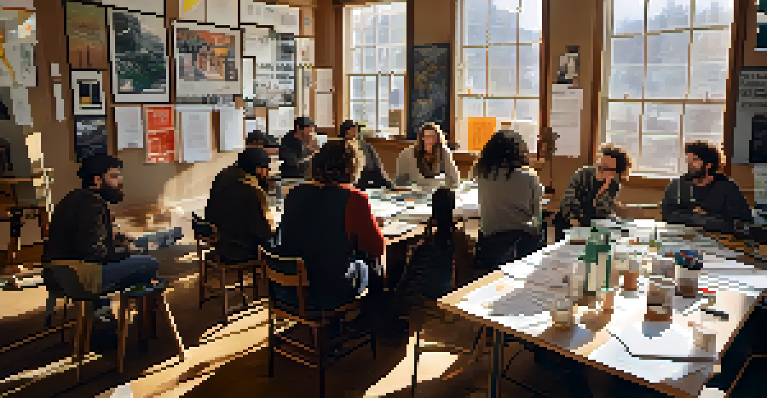 A workshop at the Sundance Film Festival where diverse filmmakers are sharing ideas in a well-lit room filled with film posters.