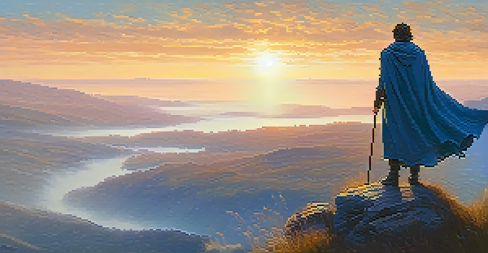 A character in a cloak stands on a cliff at sunrise, looking over a misty valley.