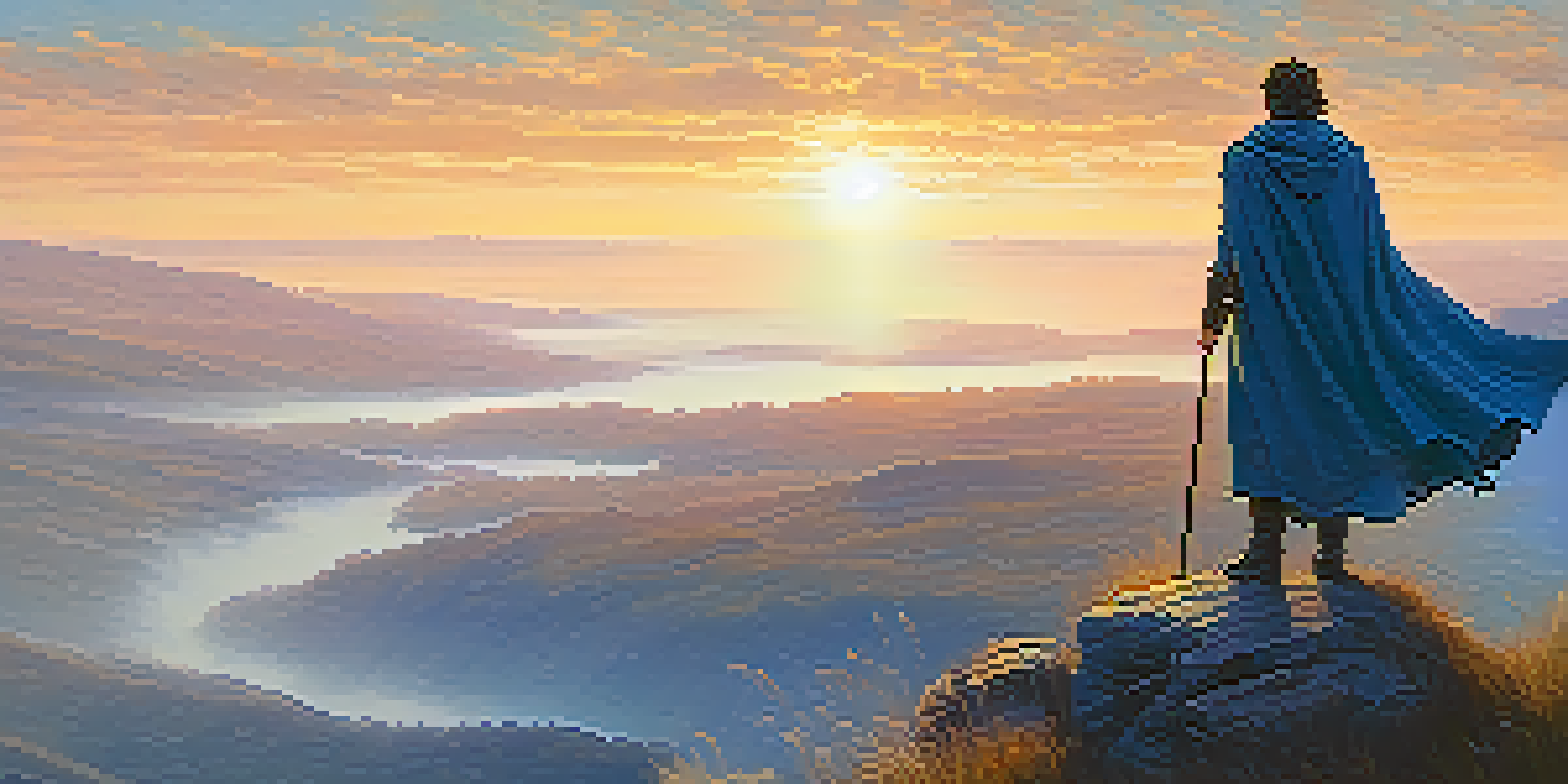 A character in a cloak stands on a cliff at sunrise, looking over a misty valley.