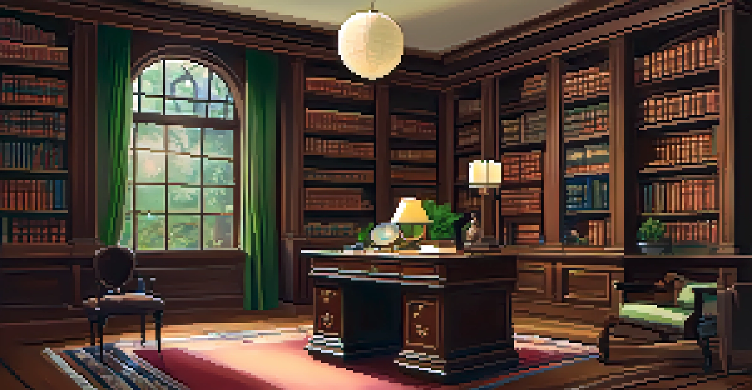 An elegant study room with vintage books, a wooden desk with a quill, and a view of a tranquil garden outside.