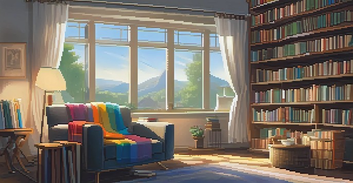 A cozy reading nook with a plush armchair, bookshelves filled with colorful books, and a cup of tea on a side table, illuminated by warm sunlight.