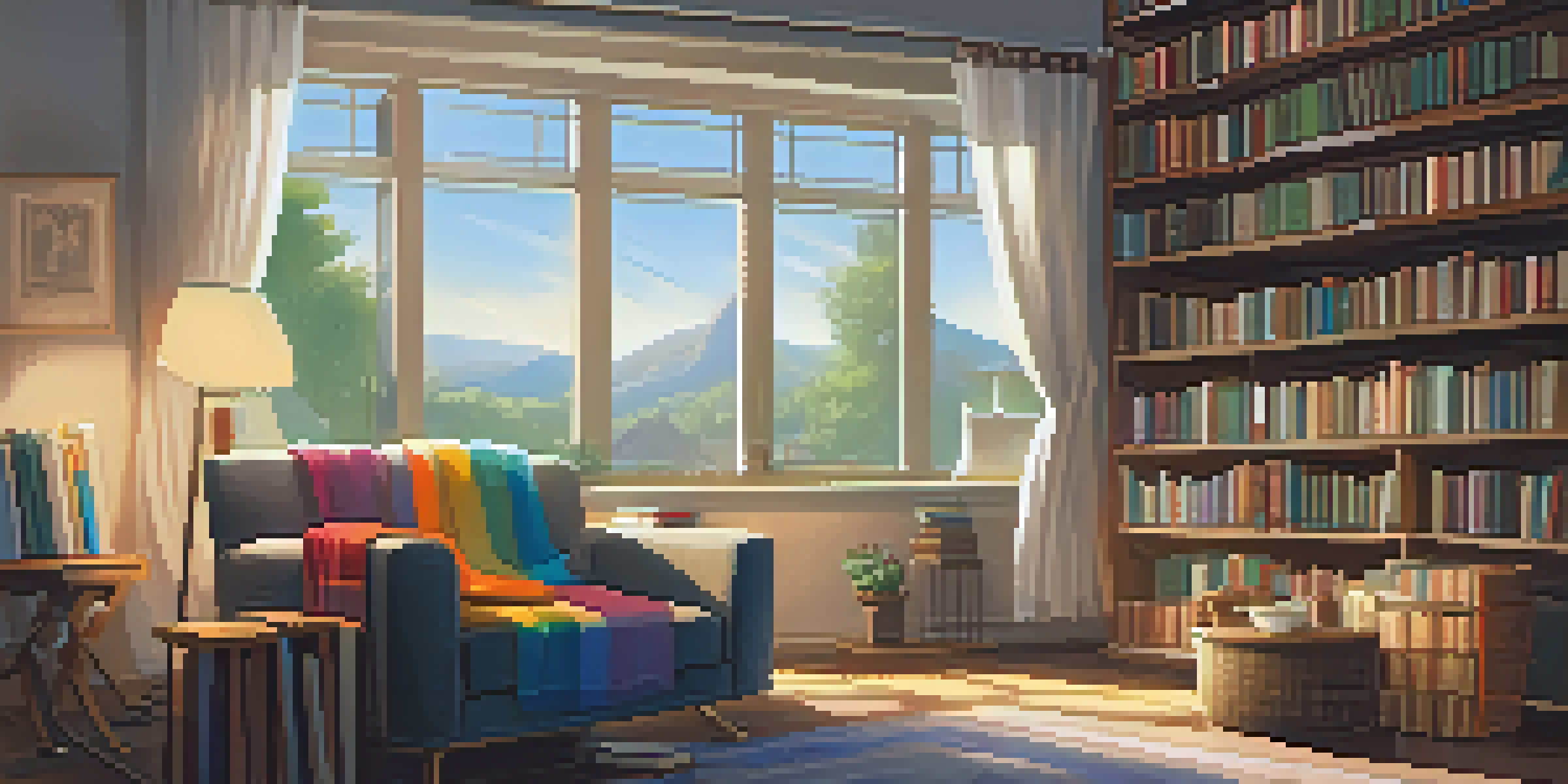 A cozy reading nook with a plush armchair, bookshelves filled with colorful books, and a cup of tea on a side table, illuminated by warm sunlight.