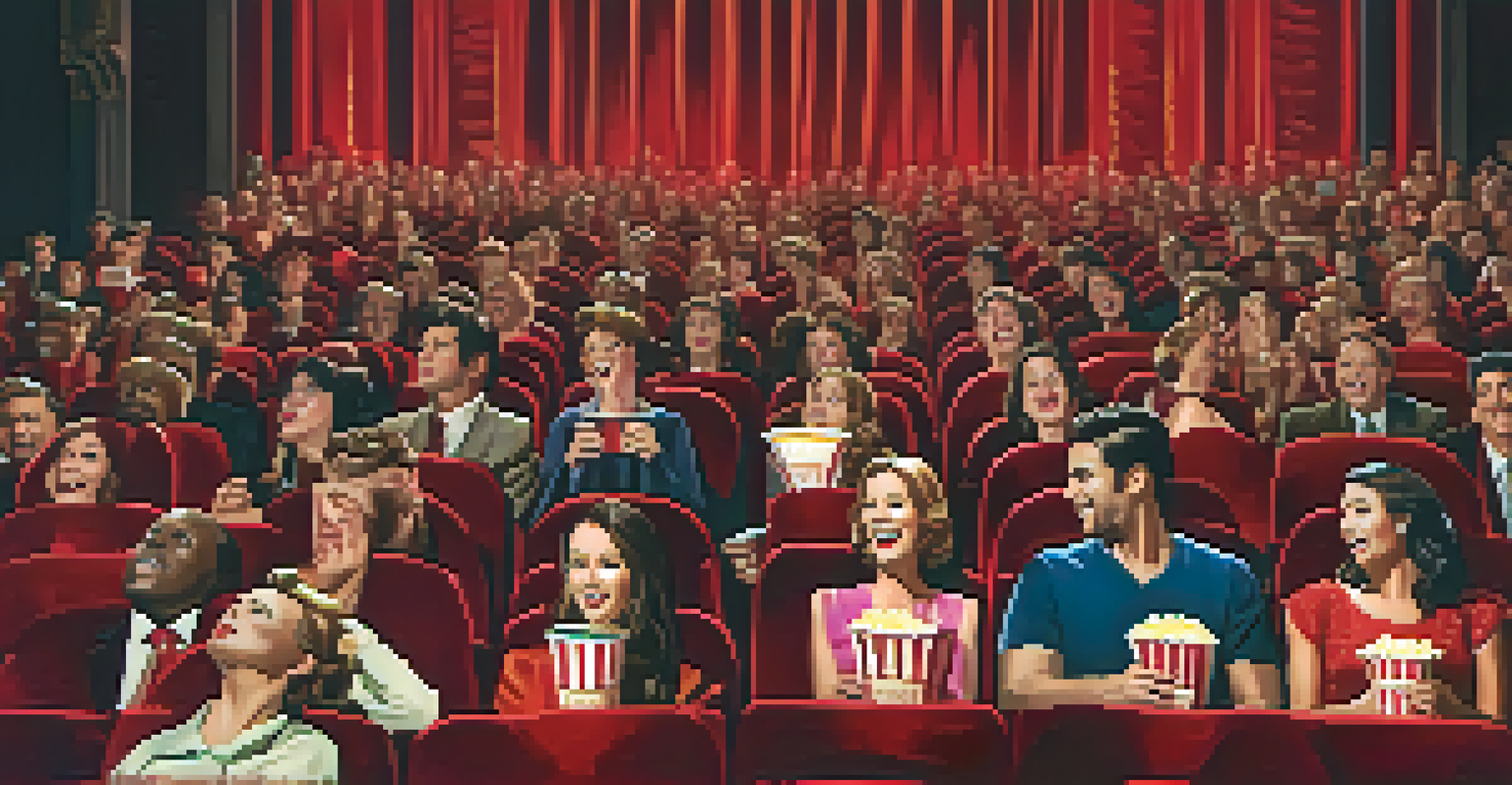 An audience in a theater experiencing various emotions while watching a film, illuminated by the screen's light amidst a luxurious theater setting.