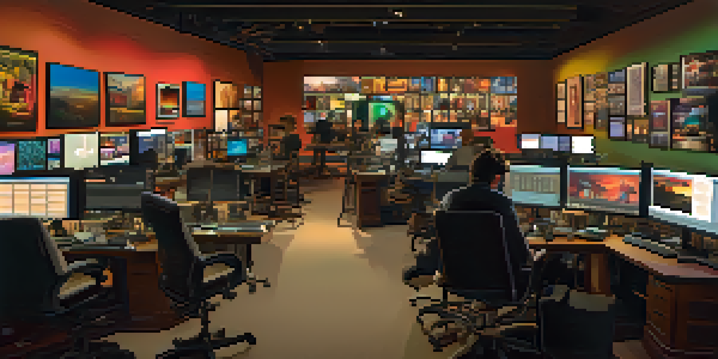 A lively film editing studio with diverse editors working together on multiple screens, illuminated by warm lighting and surrounded by classic film posters.