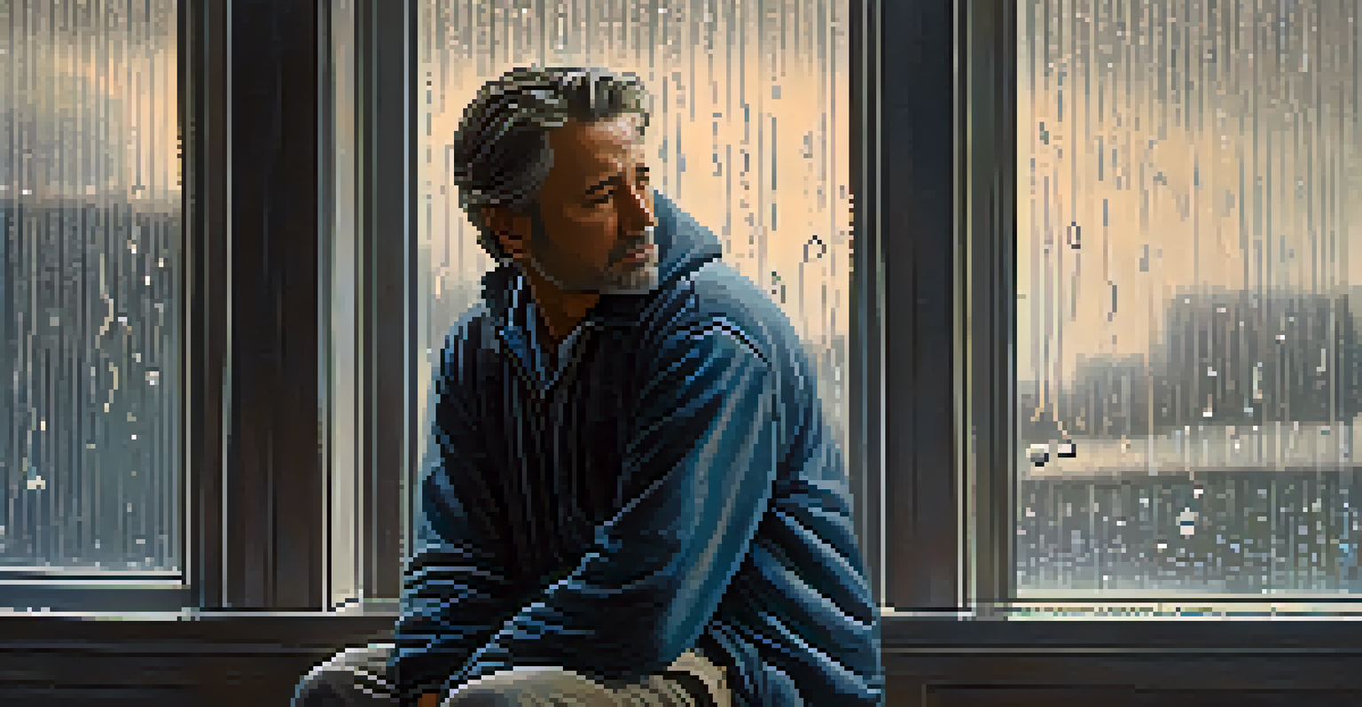 A middle-aged man sitting by a rain-soaked window, reflecting on his struggles, with soft light and muted colors creating a contemplative mood.