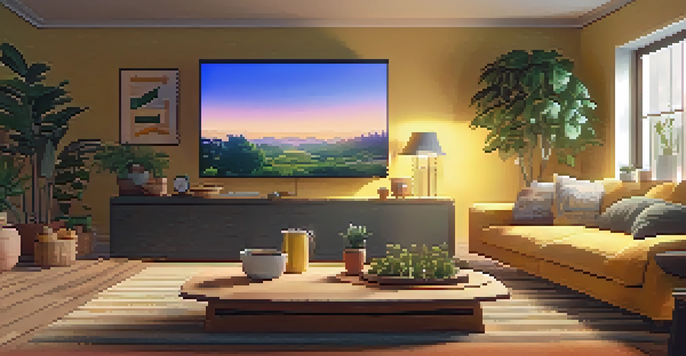 A cozy living room with friends watching TV together, surrounded by snacks and plants.