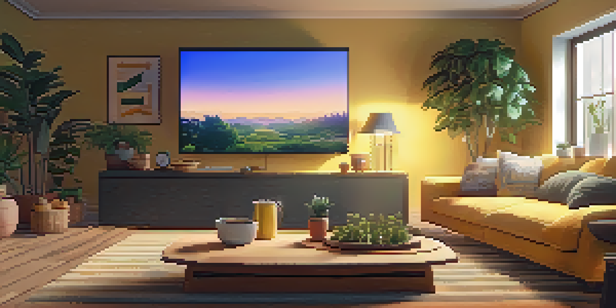 A cozy living room with friends watching TV together, surrounded by snacks and plants.