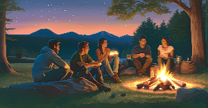 A diverse group of friends gathered around a campfire at dusk, sharing stories in a serene outdoor setting.
