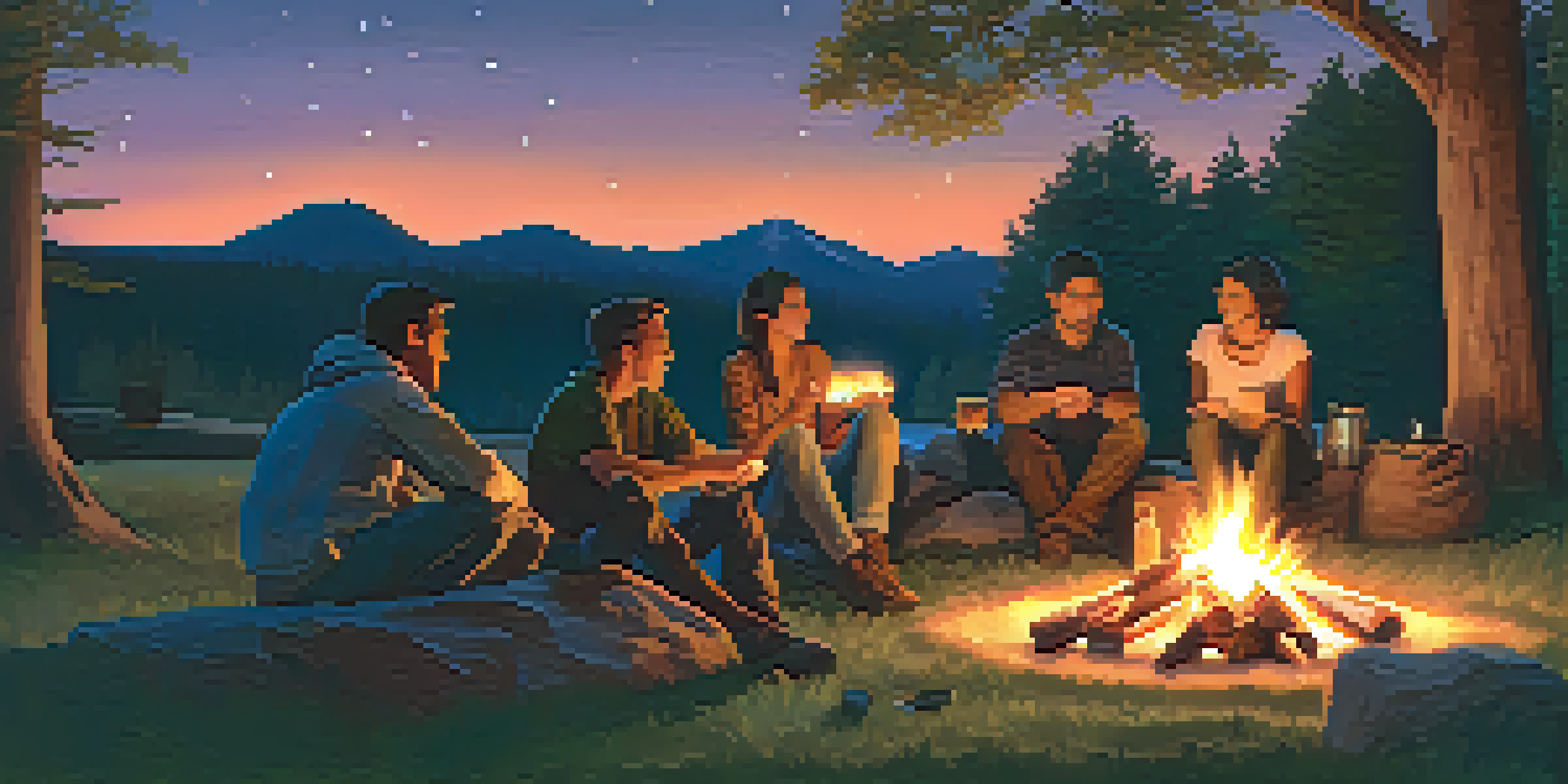A diverse group of friends gathered around a campfire at dusk, sharing stories in a serene outdoor setting.