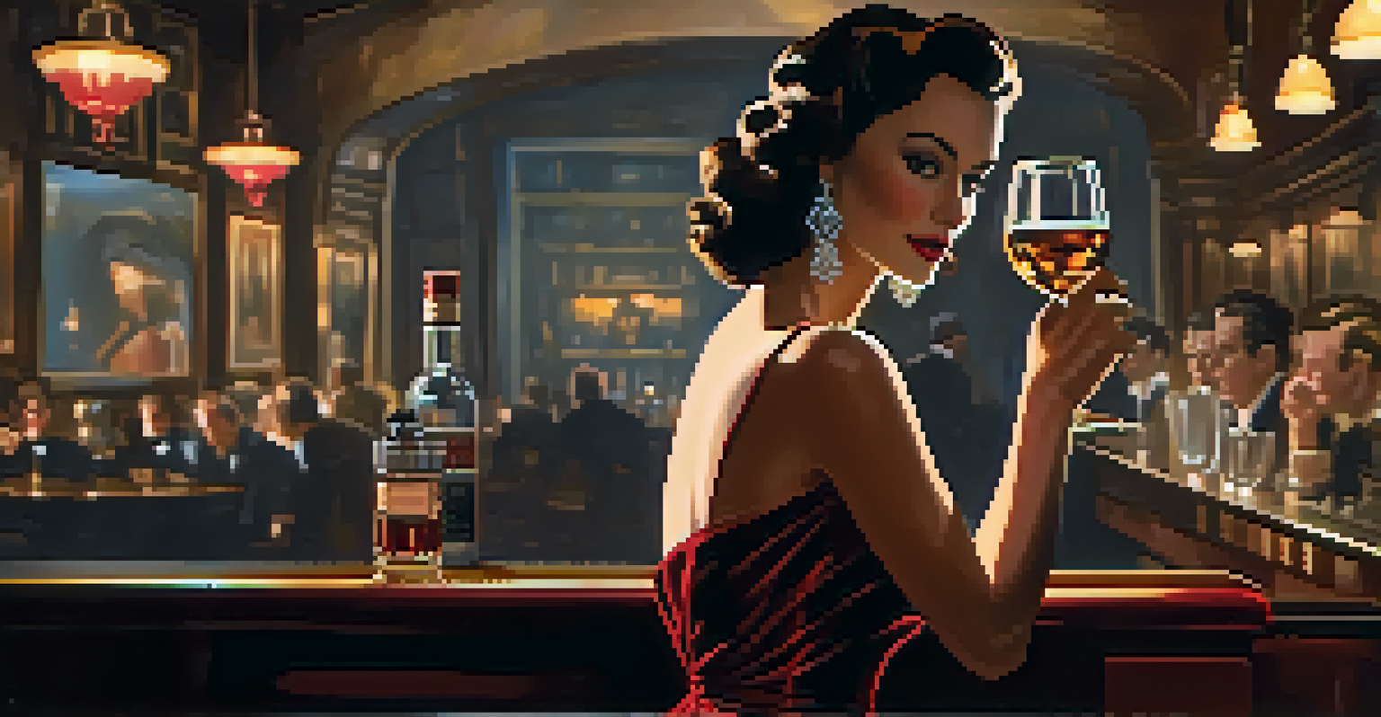A femme fatale in a vintage bar, backlit and holding a glass of whiskey, exuding mystery and allure.