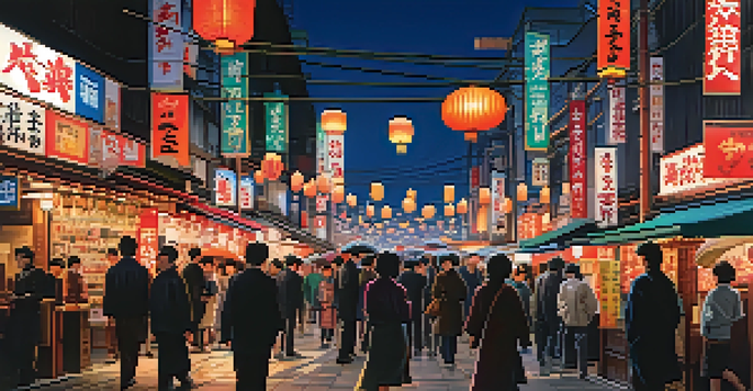 A lively Tokyo street at night filled with neon lights, people, and traditional lanterns creating a vibrant urban scene.