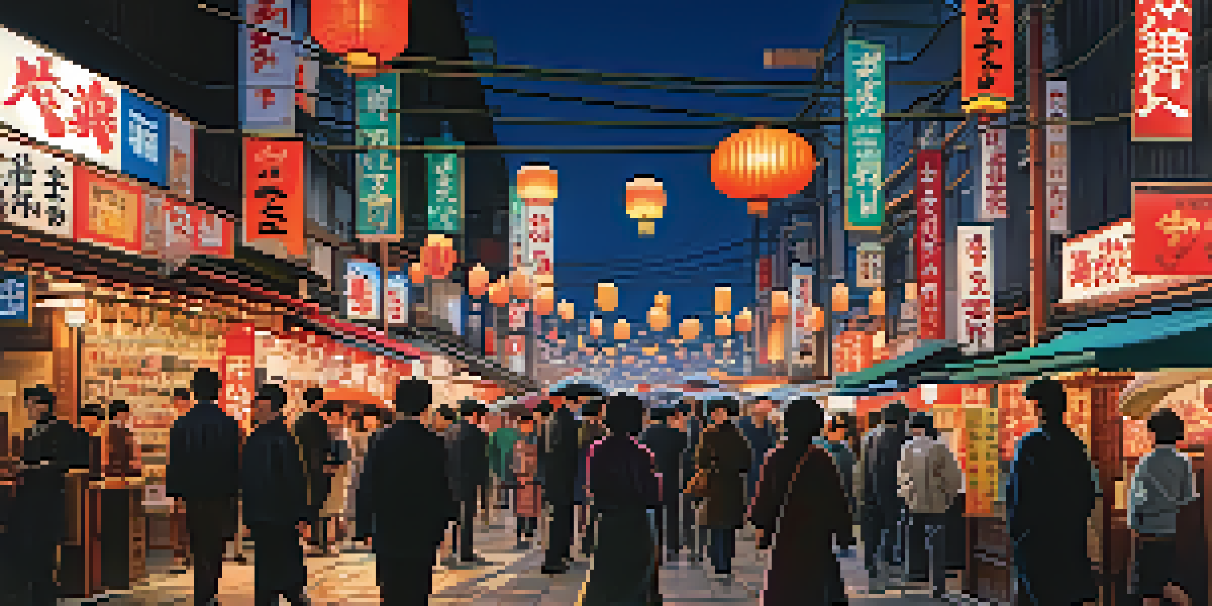 A lively Tokyo street at night filled with neon lights, people, and traditional lanterns creating a vibrant urban scene.