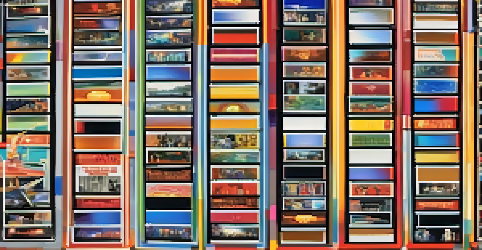A colorful collage of international movie trailers on screens, showcasing diverse cultural scenes and elements.