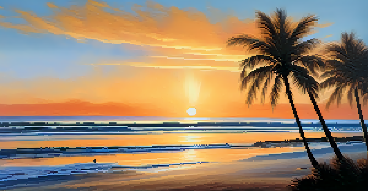 A beautiful sunset over a beach with warm colors and palm trees silhouetted against the sky.