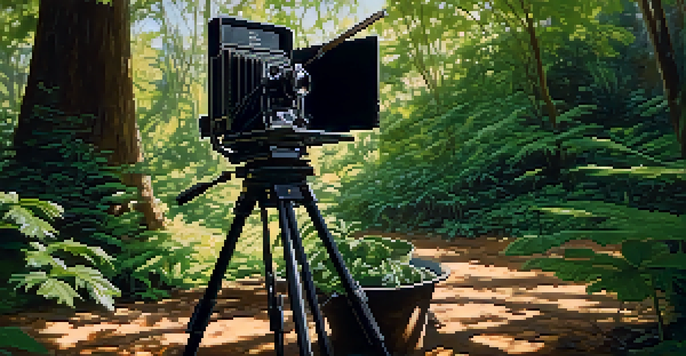A vintage film set with a camera and director's chair in a green environment, illuminated by sunlight.
