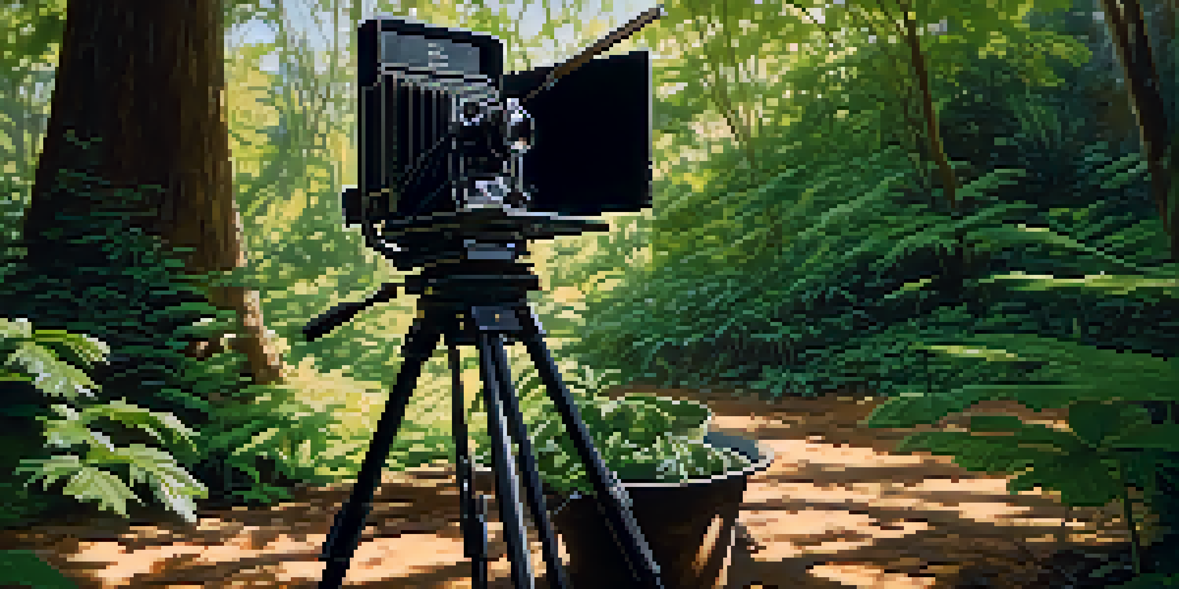 A vintage film set with a camera and director's chair in a green environment, illuminated by sunlight.