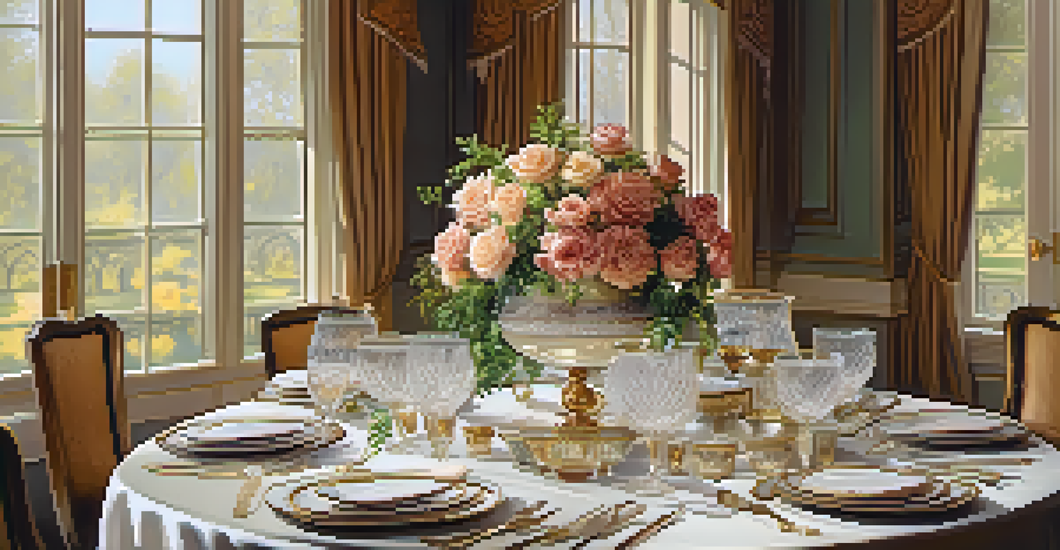 A beautifully set formal dinner table with fine china, crystal glassware, and a floral centerpiece, illuminated by candlelight.