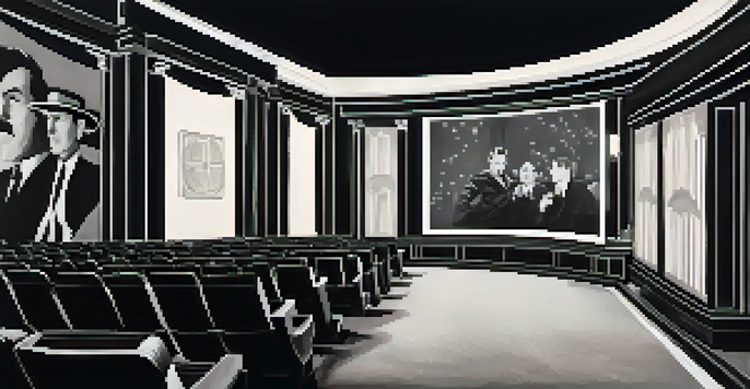 A vintage black and white movie theater scene with a film projector casting shadows and images of silent film stars.