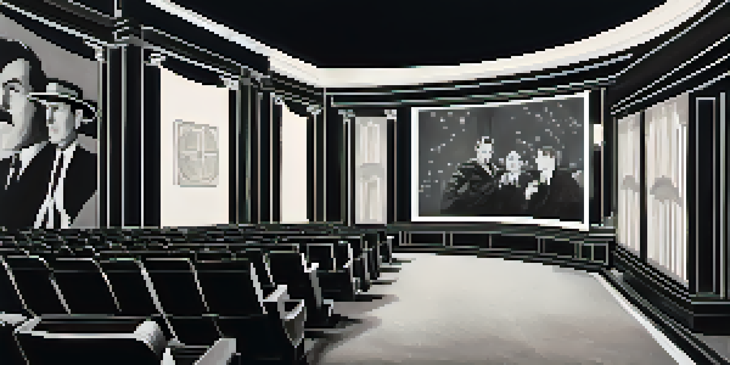 A vintage black and white movie theater scene with a film projector casting shadows and images of silent film stars.