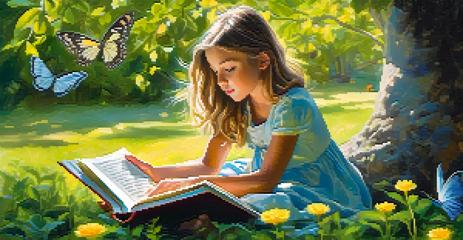 A young girl reading under a tree in a park, surrounded by flowers and butterflies, depicting a sense of wonder and curiosity.