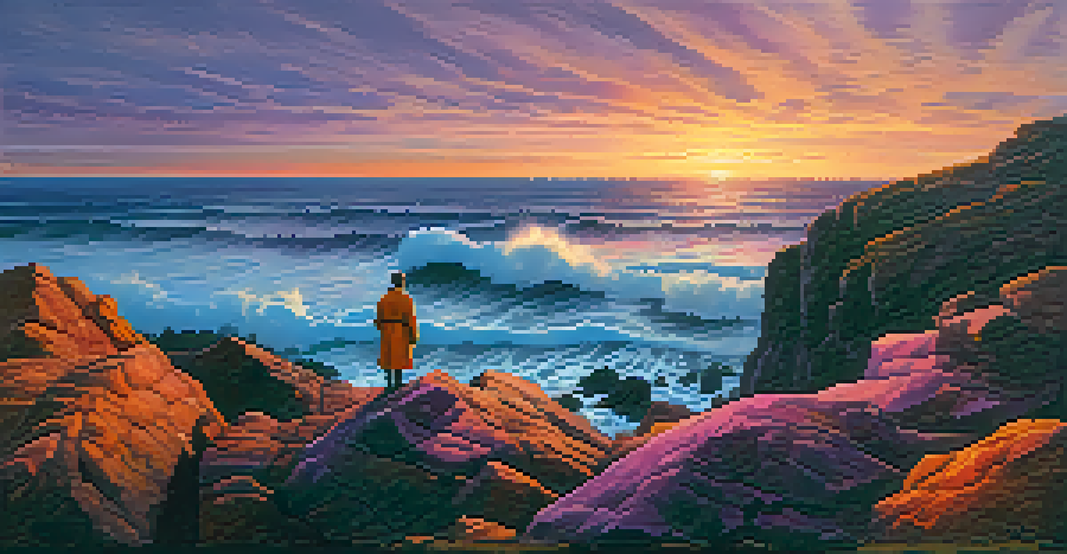 A dramatic landscape featuring a figure on a cliff overlooking an ocean at sunset with vibrant sky colors.