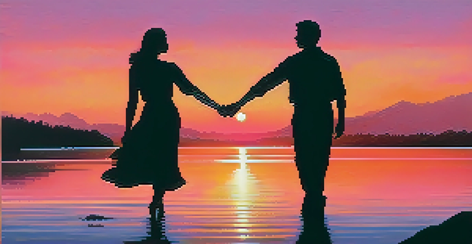 A romantic film poster showing a couple holding hands in front of a sunset over a calm lake, with the film title and tagline at the bottom.