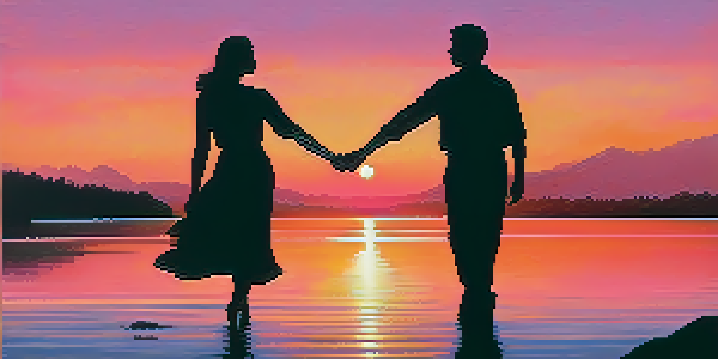 A romantic film poster showing a couple holding hands in front of a sunset over a calm lake, with the film title and tagline at the bottom.