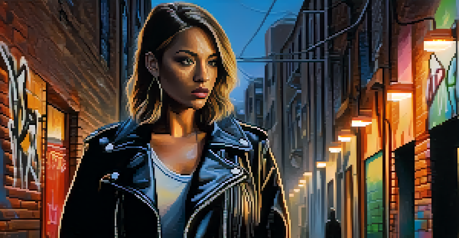 A female antihero in a leather jacket stands confidently in an urban alleyway at dusk, with graffiti art behind her.