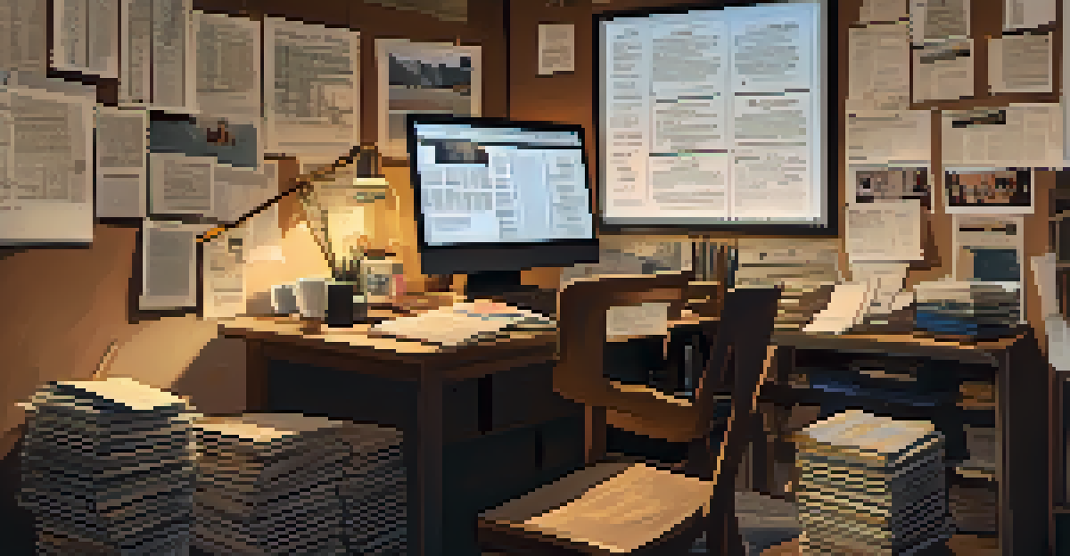 A cozy filmmaker's workspace with scripts, storyboards, and a laptop displaying audience reviews, symbolizing the creative process.