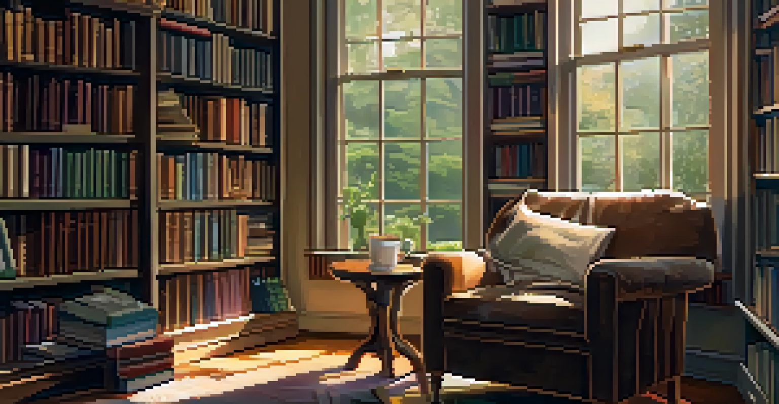 A cozy home library with bookshelves, a reading nook by the window, a plush chair, and a cup of tea on a table.