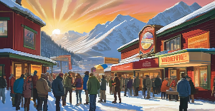 A lively crowd outside a rustic venue at the Sundance Film Festival, with mountains in the background and colorful film posters.