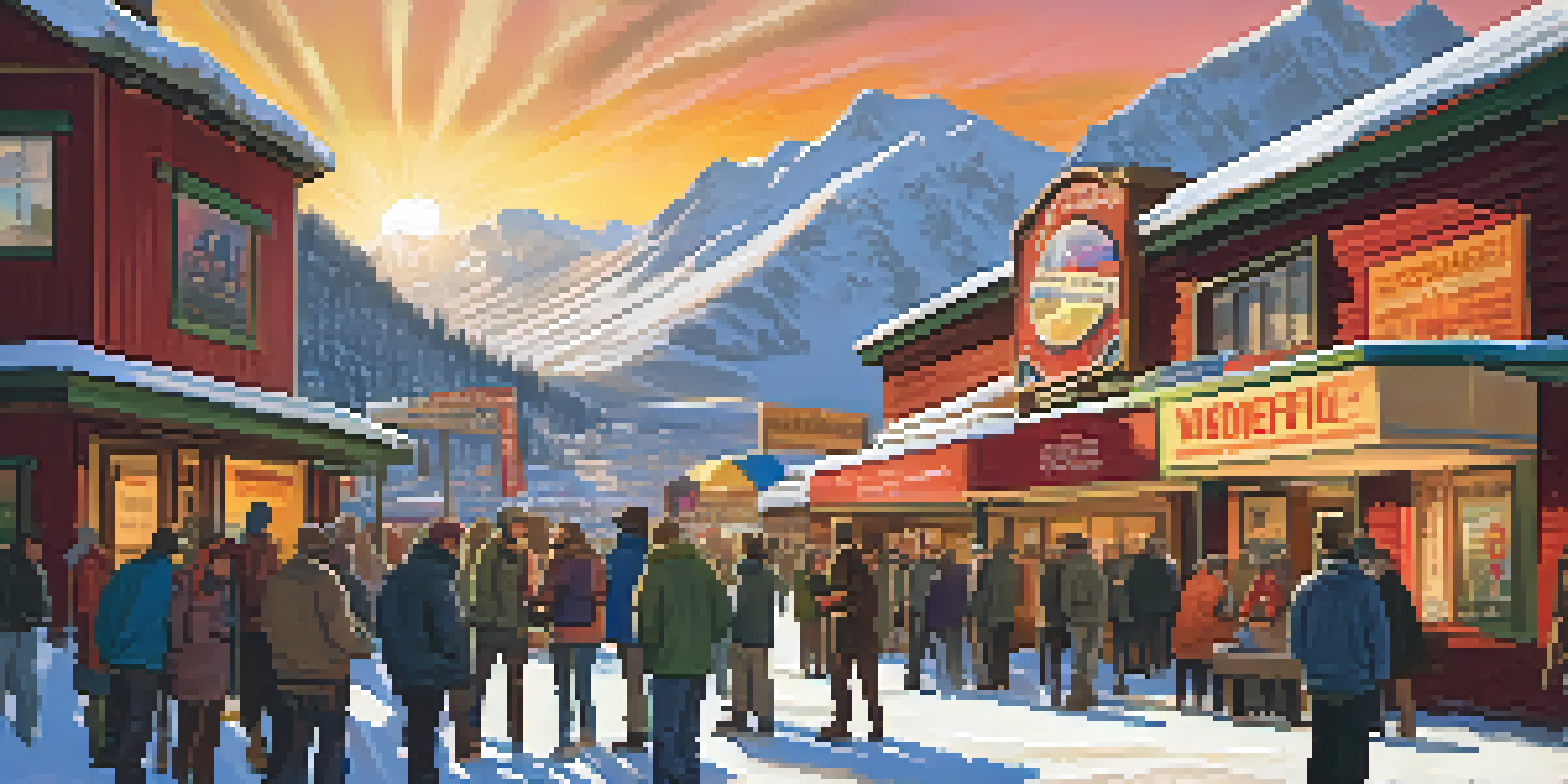 A lively crowd outside a rustic venue at the Sundance Film Festival, with mountains in the background and colorful film posters.