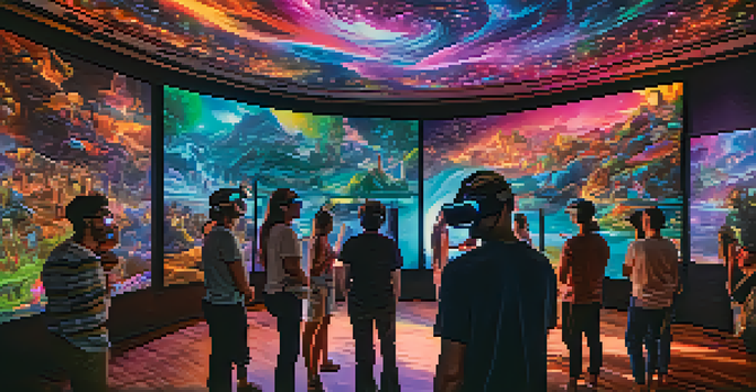 An audience wearing virtual reality headsets, engaged in a colorful and dynamic cinematic experience.