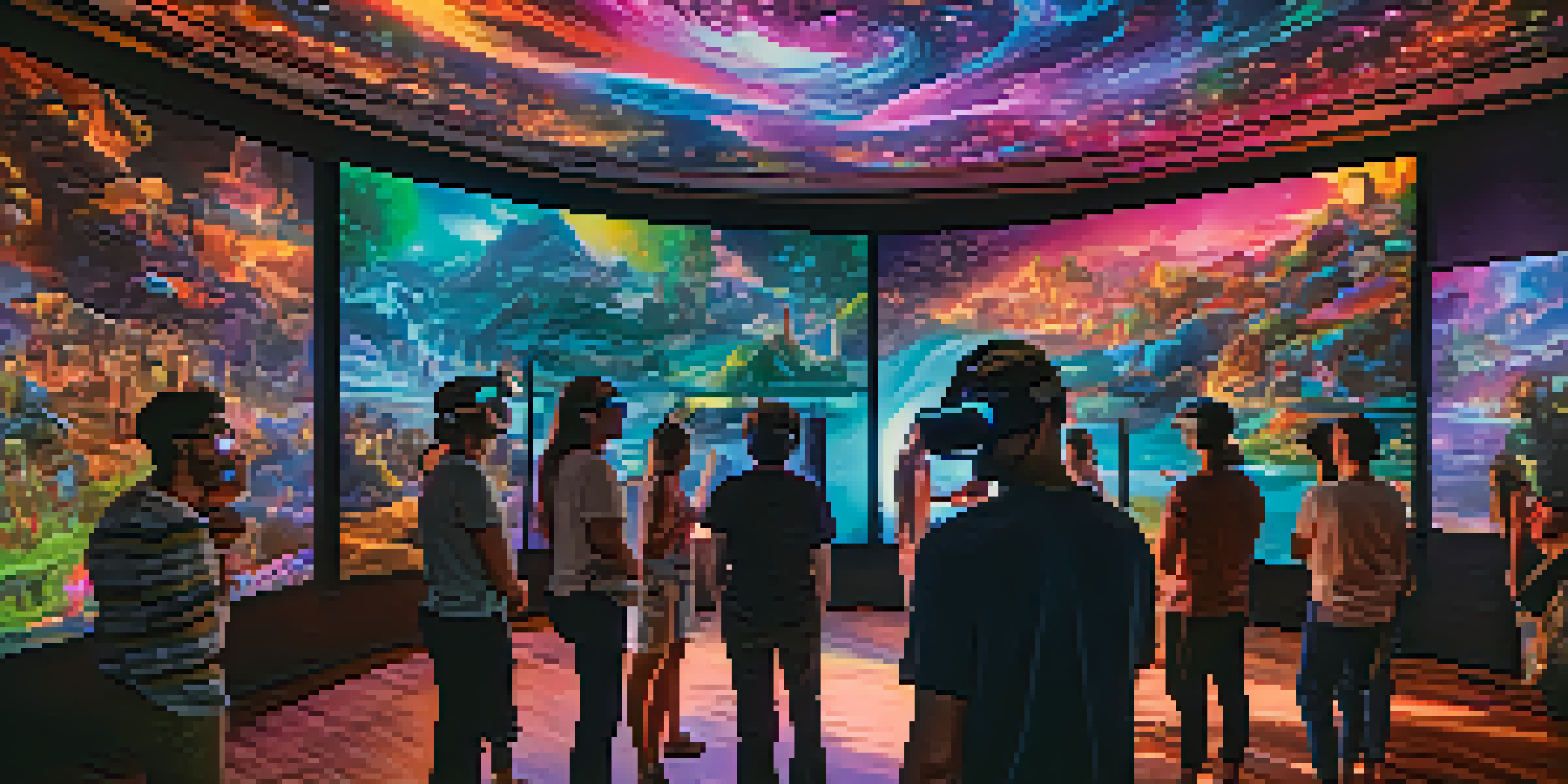 An audience wearing virtual reality headsets, engaged in a colorful and dynamic cinematic experience.