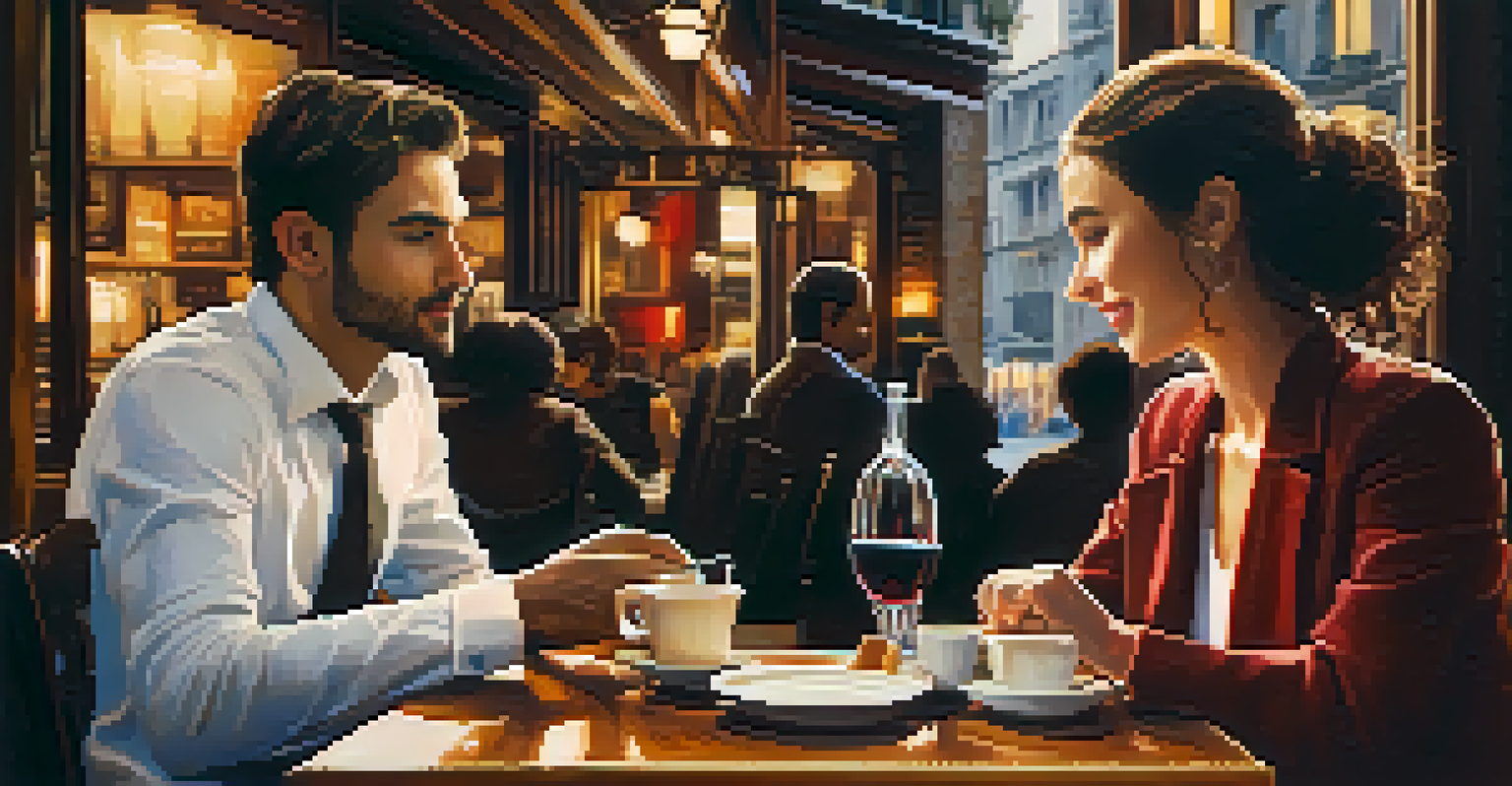 An intimate café scene with two characters in conversation, warm lighting, and rustic décor.