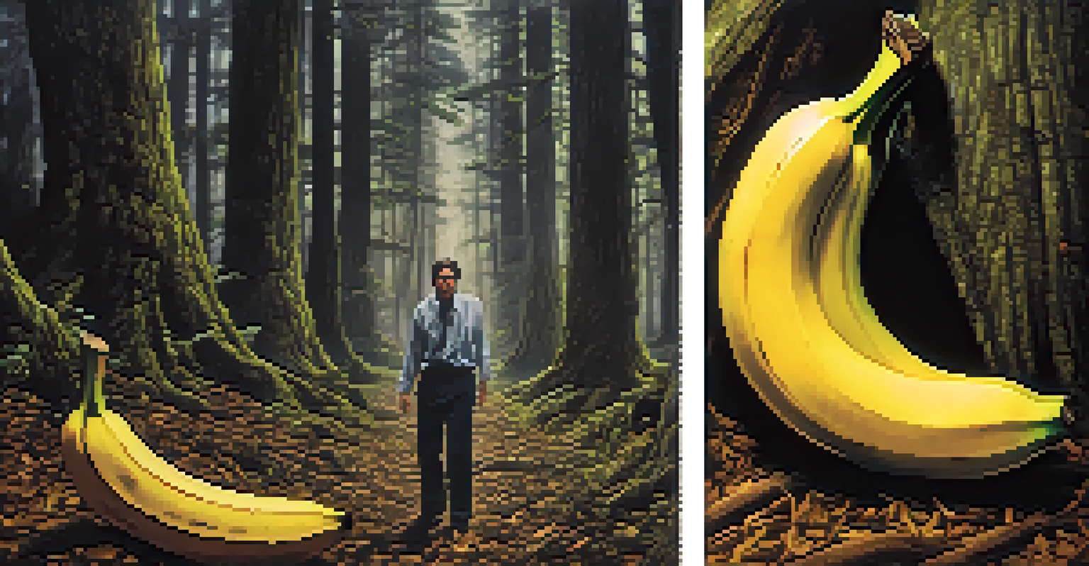 A split-screen showing a tense horror scene on one side and a comical slip on a banana peel on the other side.