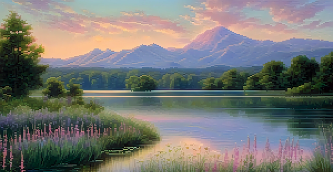 A tranquil sunset landscape with a pastel-colored sky, calm lake, and vibrant wildflowers.