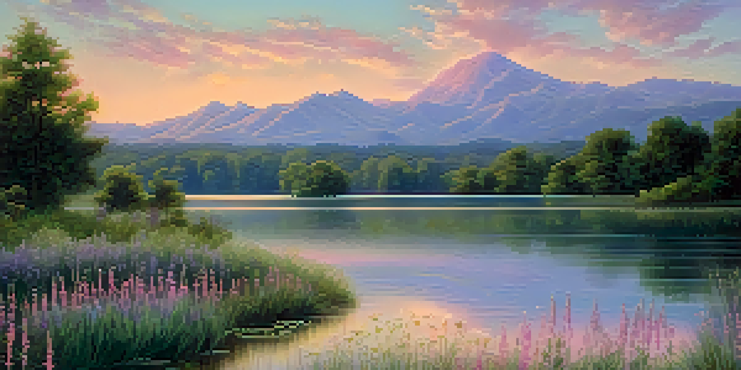 A tranquil sunset landscape with a pastel-colored sky, calm lake, and vibrant wildflowers.