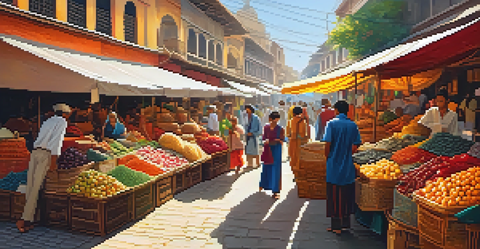 A lively market filled with colorful stalls and diverse people engaging in conversations under warm sunlight.