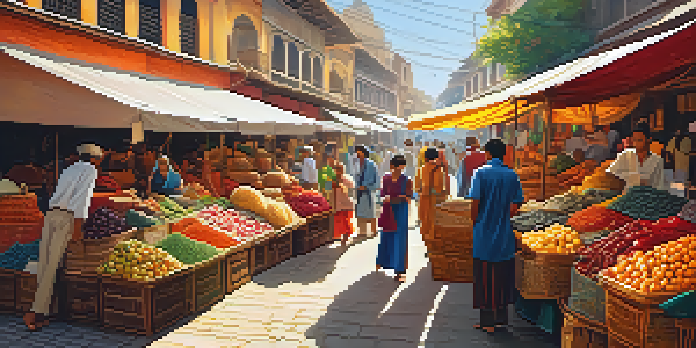 A lively market filled with colorful stalls and diverse people engaging in conversations under warm sunlight.