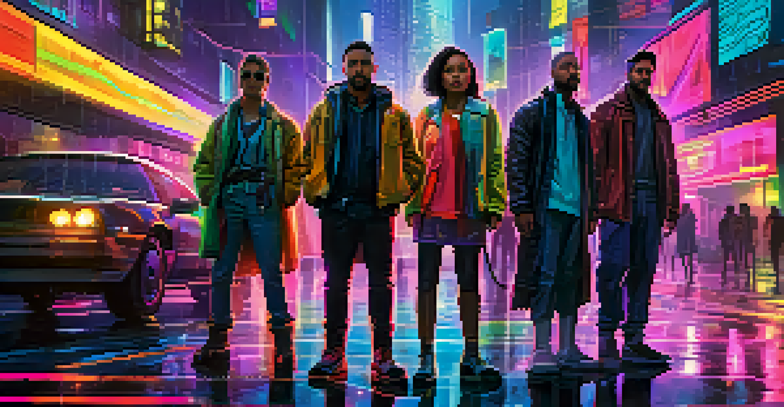 A modern digital film poster depicting a vibrant city at night with neon lights and characters ready for adventure, emphasizing a futuristic vibe.