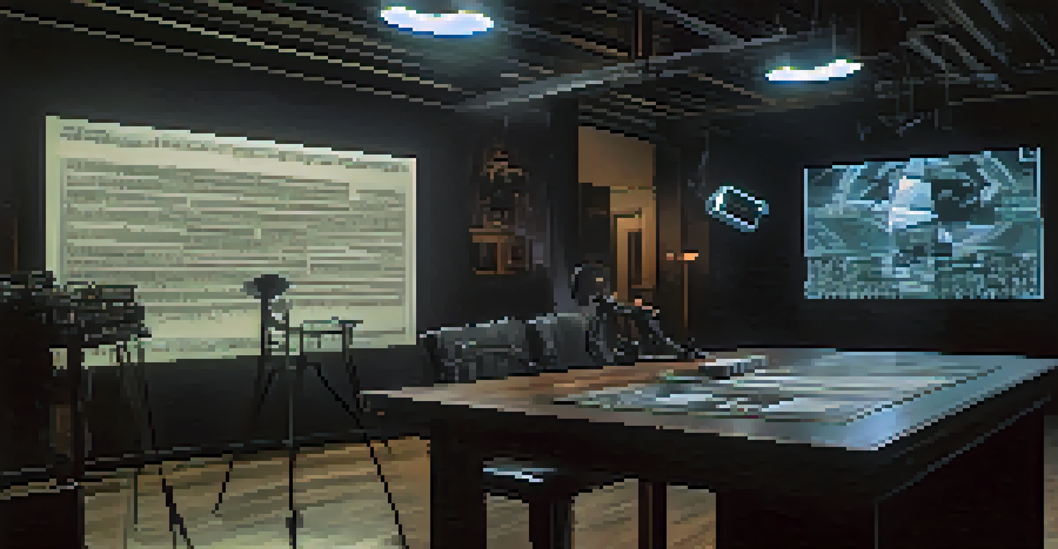 A modern horror film set with a virtual reality headset and chilling imagery on a large screen in the background.